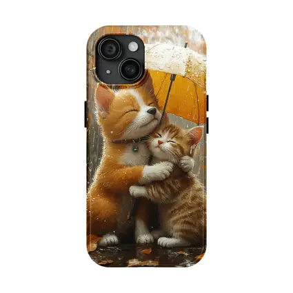 Two Orange Cats Hugging Under Yellow Umbrella