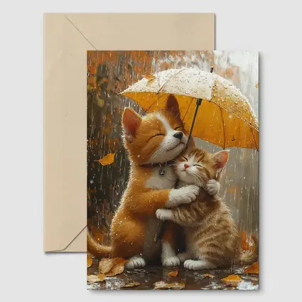 Two Orange Cats Hugging Under Yellow Umbrella