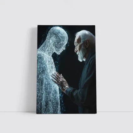 Old Man Reaching Glowing Spirit Figure Black