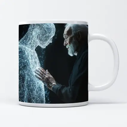 Old Man Reaching Glowing Spirit Figure Black