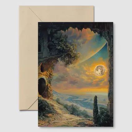 Fantasy Ruins Moon Golden Sky Landscape