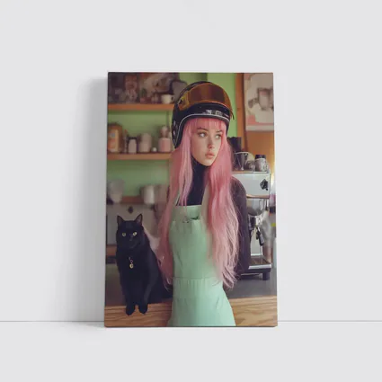 Pink Hair Girl Black Cat Coffee Shop
