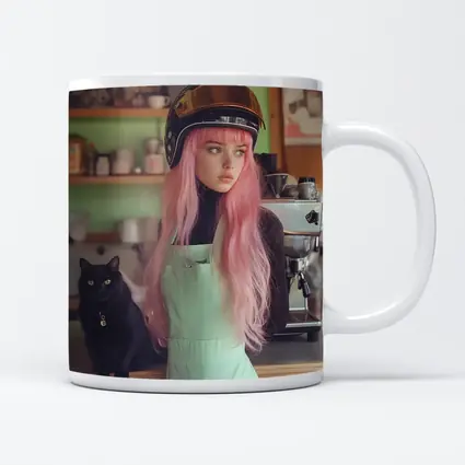 Pink Hair Girl Black Cat Coffee Shop