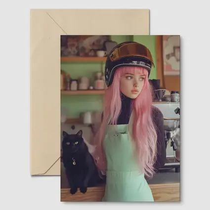 Pink Hair Girl Black Cat Coffee Shop