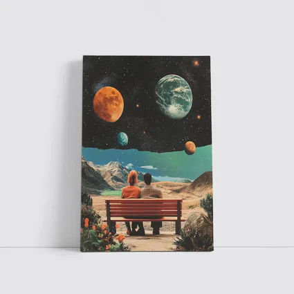 Retro Collage Couple Bench Space Planets