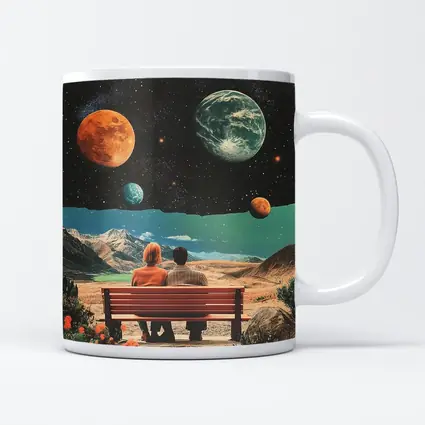 Retro Collage Couple Bench Space Planets