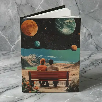 Retro Collage Couple Bench Space Planets