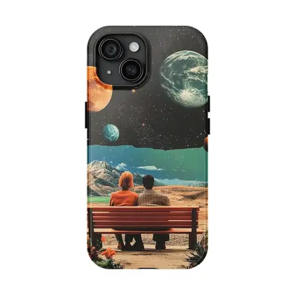 Retro Collage Couple Bench Space Planets