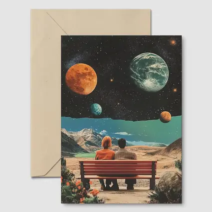 Retro Collage Couple Bench Space Planets