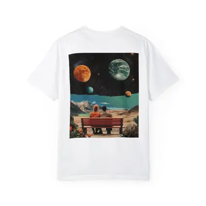 Retro Collage Couple Bench Space Planets