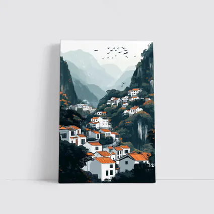 Chinese Mountain Village White Houses Illustration