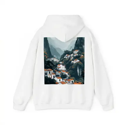 Chinese Mountain Village White Houses Illustration
