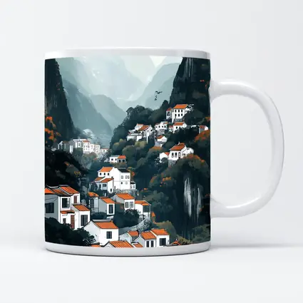 Chinese Mountain Village White Houses Illustration