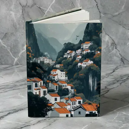 Chinese Mountain Village White Houses Illustration