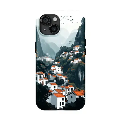 Chinese Mountain Village White Houses Illustration