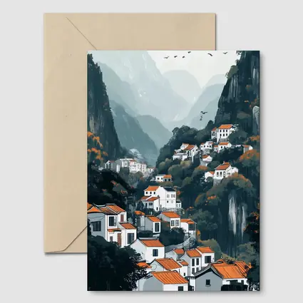 Chinese Mountain Village White Houses Illustration