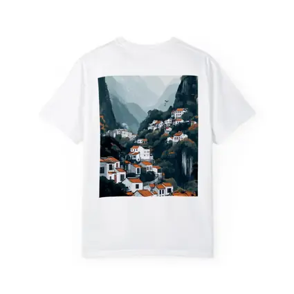 Chinese Mountain Village White Houses Illustration
