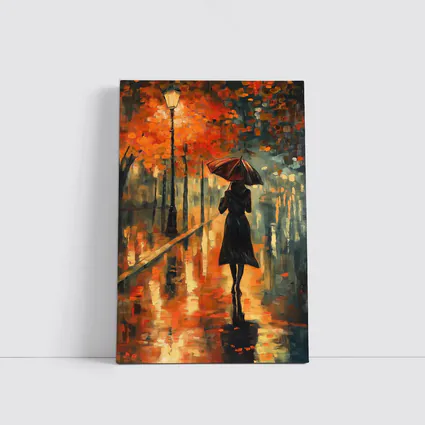 Woman With Umbrella Rainy Autumn Street Oil
