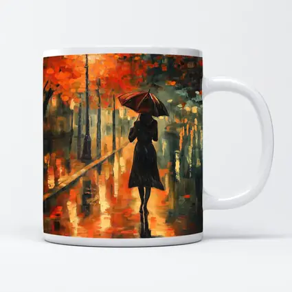 Woman With Umbrella Rainy Autumn Street Oil