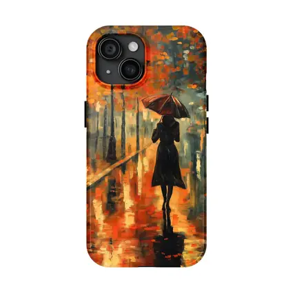 Woman With Umbrella Rainy Autumn Street Oil
