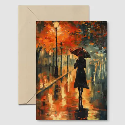 Woman With Umbrella Rainy Autumn Street Oil