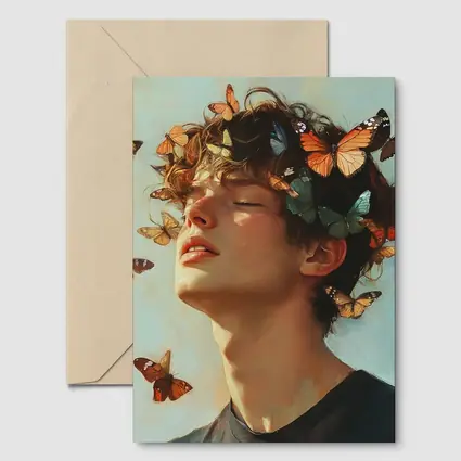 Young Man With Butterflies Oil Painting
