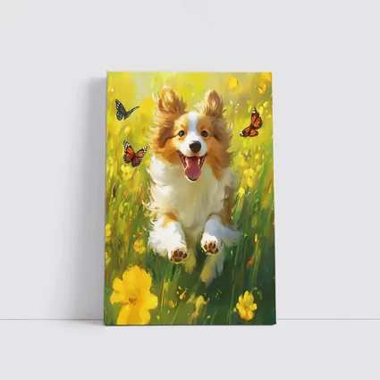 Happy Corgi Puppy Running Yellow Flower Field