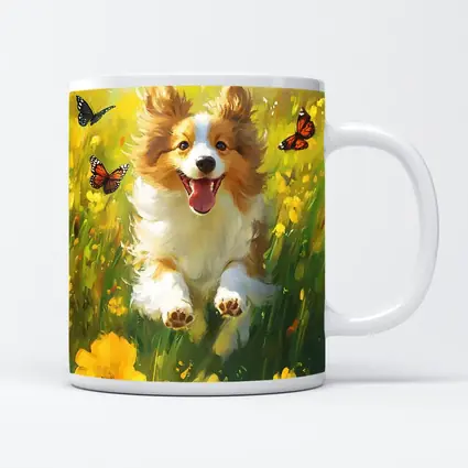 Happy Corgi Puppy Running Yellow Flower Field