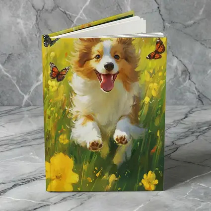 Happy Corgi Puppy Running Yellow Flower Field