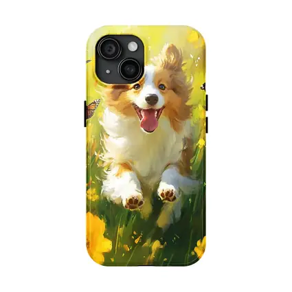 Happy Corgi Puppy Running Yellow Flower Field