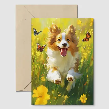 Happy Corgi Puppy Running Yellow Flower Field