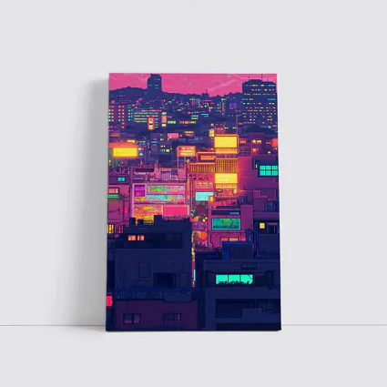 Pixel Art Neon City Night Skyline