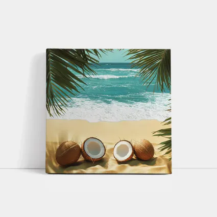 Coconuts On Tropical Beach With Palm Leaves