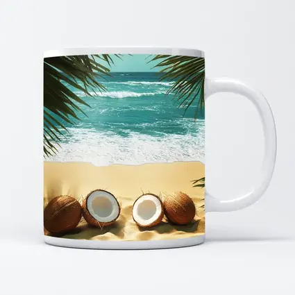 Coconuts On Tropical Beach With Palm Leaves