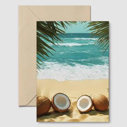 Coconuts On Tropical Beach With Palm Leaves