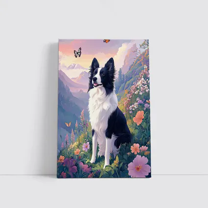 Border Collie Dog Floral Mountain Landscape Art