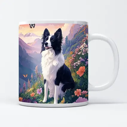 Border Collie Dog Floral Mountain Landscape Art