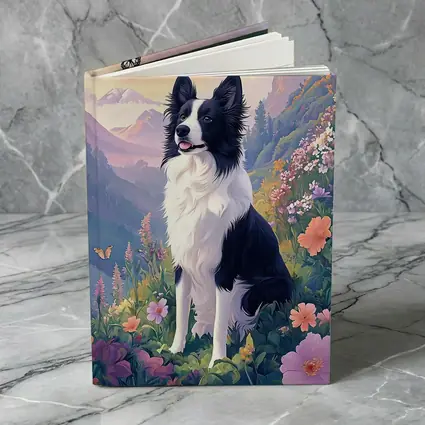 Border Collie Dog Floral Mountain Landscape Art