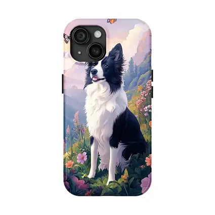 Border Collie Dog Floral Mountain Landscape Art