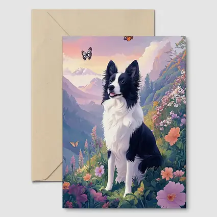 Border Collie Dog Floral Mountain Landscape Art