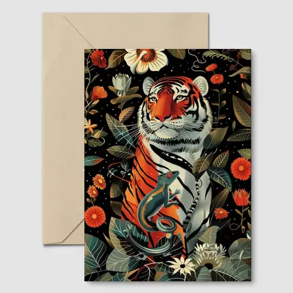 Tiger And Lizard Floral Dark Botanical Art