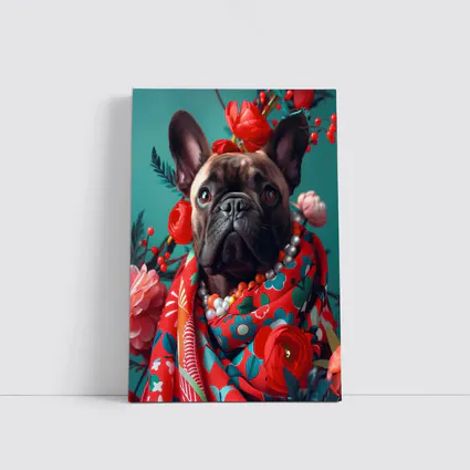 French Bulldog Floral Portrait Teal Background