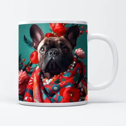 French Bulldog Floral Portrait Teal Background