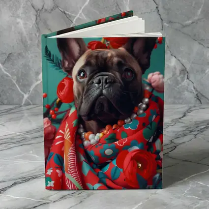 French Bulldog Floral Portrait Teal Background