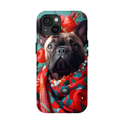 French Bulldog Floral Portrait Teal Background