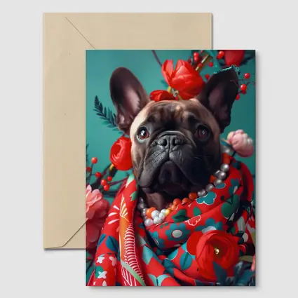 French Bulldog Floral Portrait Teal Background