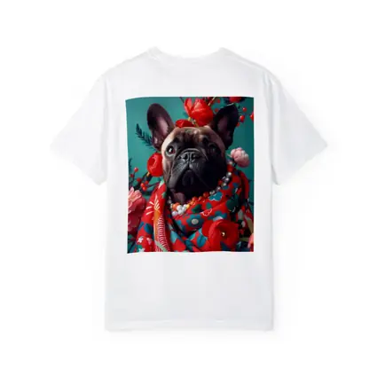 French Bulldog Floral Portrait Teal Background