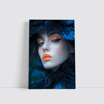 Woman Blue Feathers Orange Lips Portrait