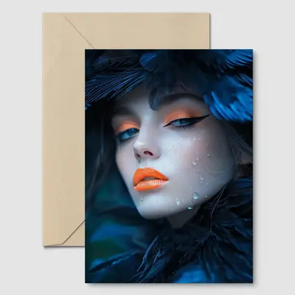 Woman Blue Feathers Orange Lips Portrait