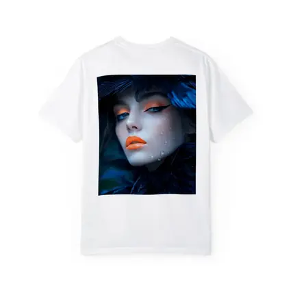 Woman Blue Feathers Orange Lips Portrait